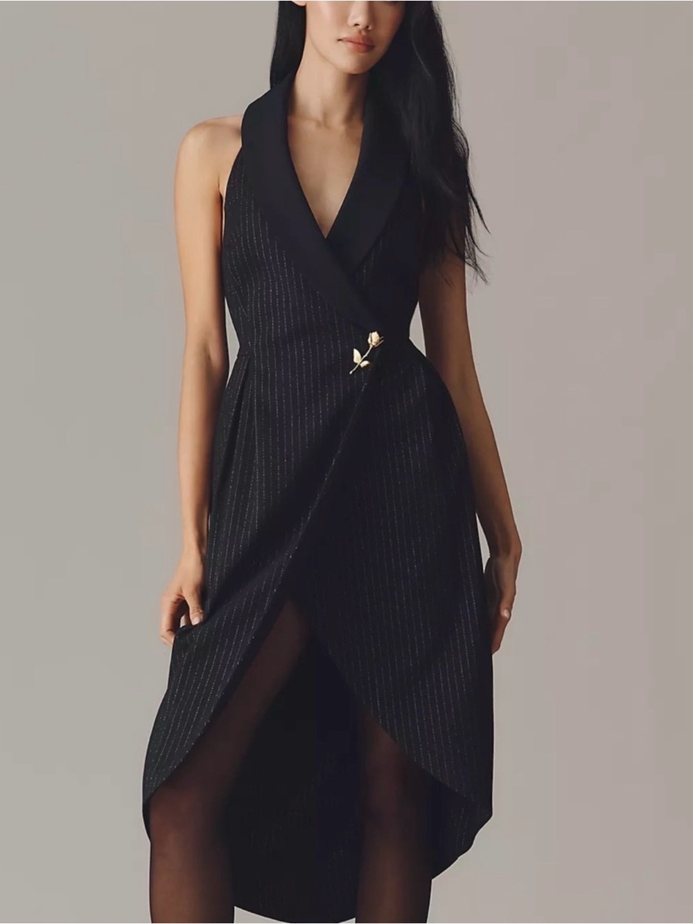 Anthropologie Halter Tuxedo Black with Silver Pin Stripe Midi Dress